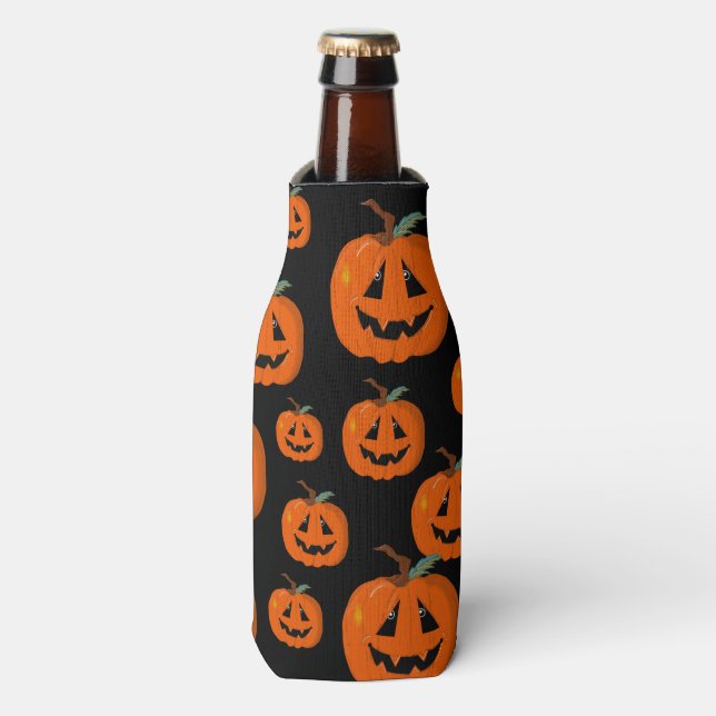 Happy Halloween Jack O Lantern Illustrative Art Bottle Cooler (Bottle Front)