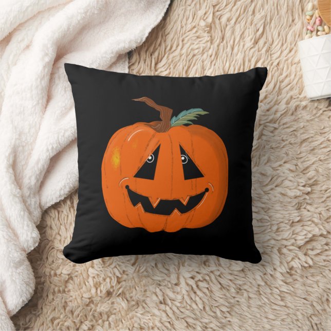 Happy Halloween Jack O Lantern Illustrative Art Throw Pillow (Blanket)