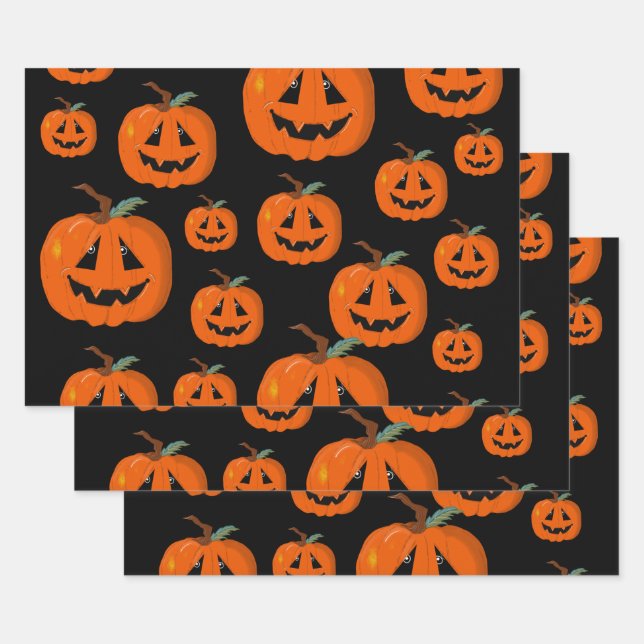 Happy Halloween Jack O Lantern Illustrative Art Wrapping Paper Sheet (Set)