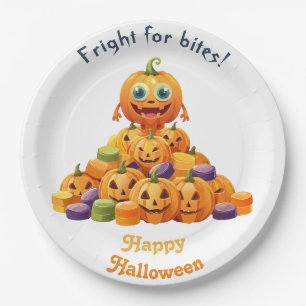 Happy Halloween Jack-O-Lantern On Pile Of Candy Paper Plate