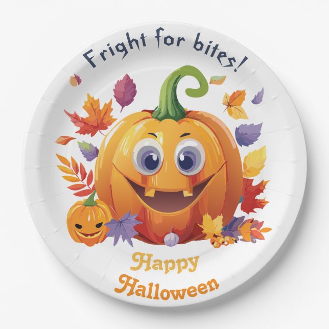 Happy Halloween Jack-O-Lantern On Pile Of Leaves Paper Plate (Front)