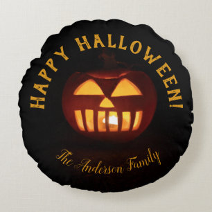 Happy Halloween Jack O Lantern Orange Pumpkin Round Pillow