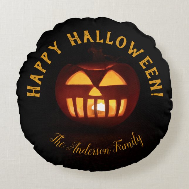 Happy Halloween Jack O Lantern Orange Pumpkin Round Pillow (Front)
