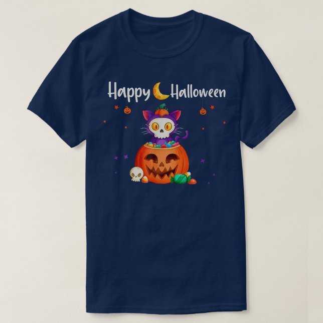 Happy Halloween Jack O Lantern Pumpkin Cat Funny H T-Shirt (Design Front)