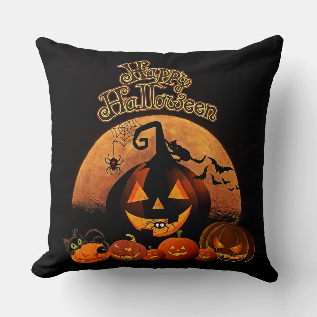 Happy Halloween Jack O' Lanterns Throw Pillow (Front)