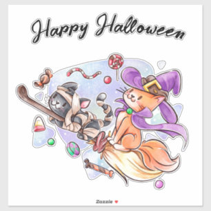 Happy Halloween Kittens Riding a Broom