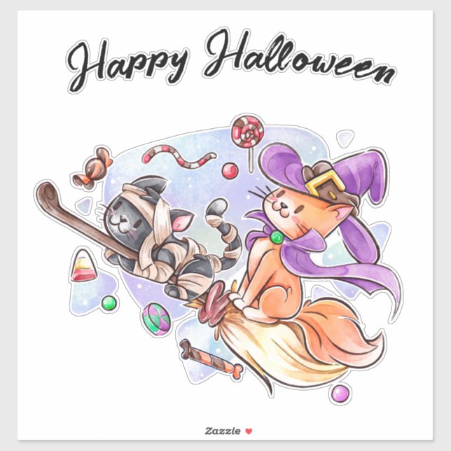 Happy Halloween Kittens Riding a Broom (Sheet)