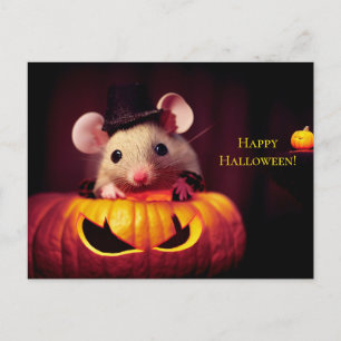  Happy Halloween. Kleine niedliche Maus mit Kürbis Postcard