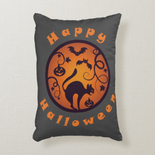 Happy Halloween lantern black cat spiders and bats Accent Pillow