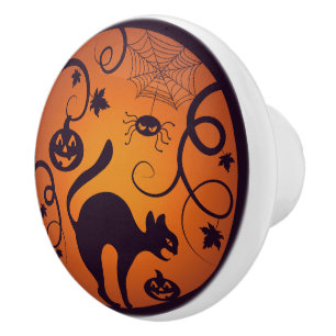 Happy Halloween lantern black cat spiders and bats Ceramic Knob