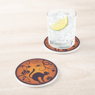 Happy Halloween lantern black cat spiders and bats Coaster