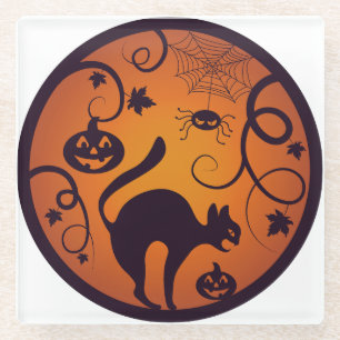Happy Halloween lantern black cat spiders and bats Glass Coaster
