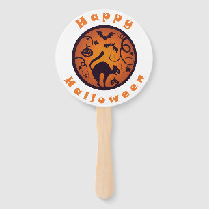 Happy Halloween lantern black cat spiders and bats Hand Fan