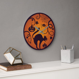 Happy Halloween lantern black cat spiders and bats Large Clock