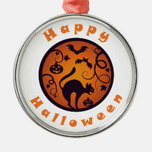 Happy Halloween lantern black cat spiders and bats Metal Ornament