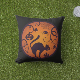 Happy Halloween lantern black cat spiders and bats Outdoor Pillow