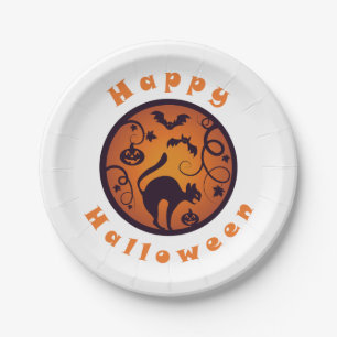 Happy Halloween lantern black cat spiders and bats Paper Plate