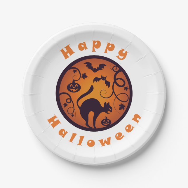 Happy Halloween lantern black cat spiders and bats Paper Plate (Front)