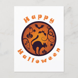 Happy Halloween lantern black cat spiders and bats Postcard