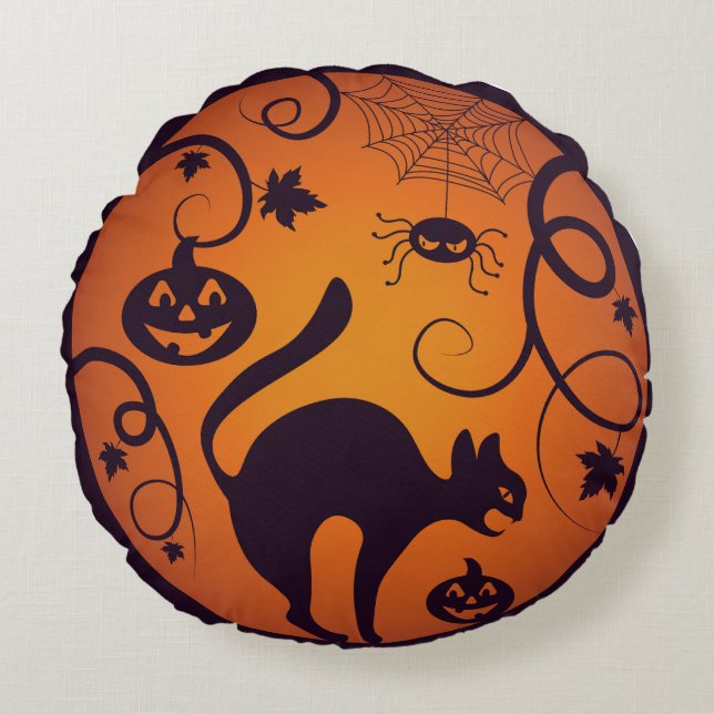 Happy Halloween lantern black cat spiders and bats Round Pillow (Front)