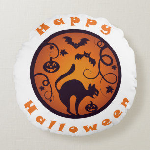 Happy Halloween lantern black cat spiders and bats Round Pillow