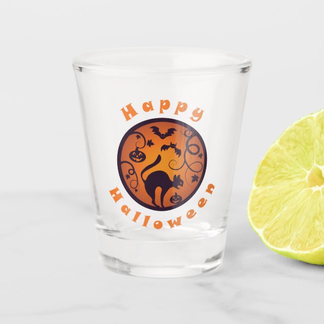 Happy Halloween lantern black cat spiders and bats Shot Glass (Front)