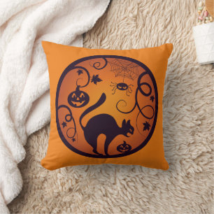 Happy Halloween lantern black cat spiders and bats Throw Pillow