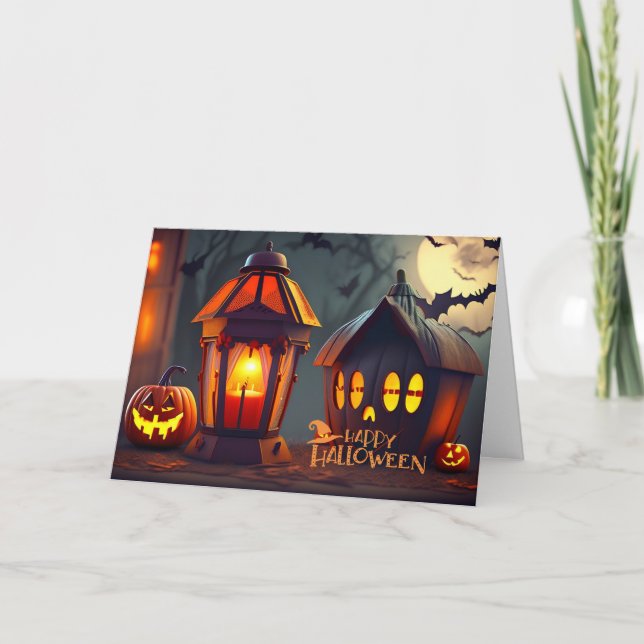 Happy Halloween Lantern,  Night Bats Flying  Card (Front)