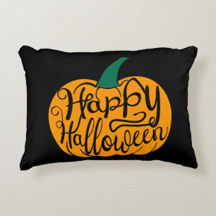 Happy Halloween lettering on carved pumpkin Accent Pillow
