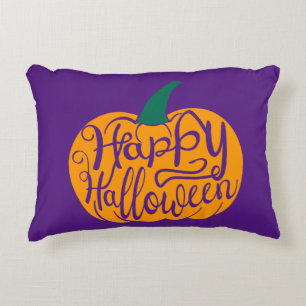 Happy Halloween lettering on carved pumpkin Accent Pillow