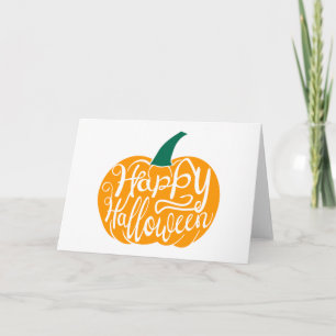 Happy Halloween lettering on carved pumpkin Card