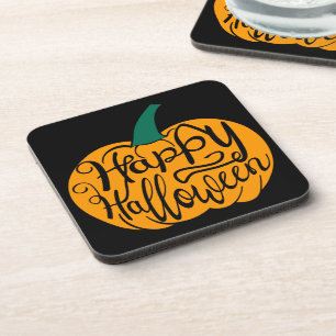 Happy Halloween lettering on carved pumpkin Coaster