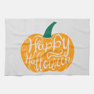 Happy Halloween lettering on carved pumpkin Kitchen Towel