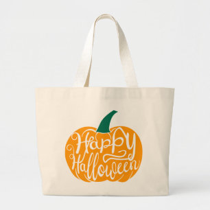 Happy Halloween lettering on carved pumpkin Large Tote Bag