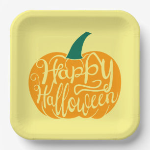 Happy Halloween lettering on carved pumpkin Paper Plate