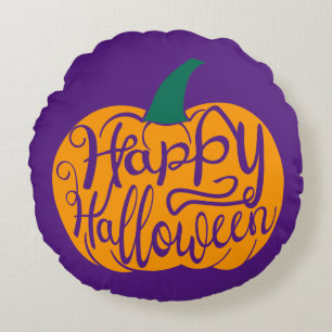 Happy Halloween lettering on carved pumpkin Round Pillow