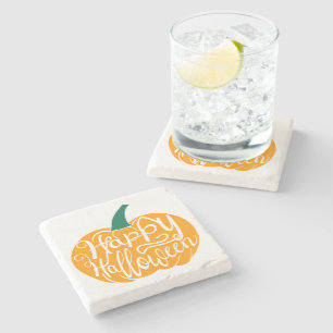 Happy Halloween lettering on carved pumpkin Stone Coaster
