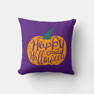 Happy Halloween lettering on carved pumpkin Throw Pillow