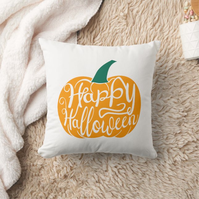 Happy Halloween lettering on carved pumpkin Throw Pillow (Blanket)