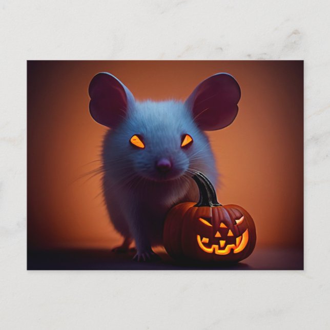 Happy Halloween. Little cute mouse with pumpkin Postcard (Front)