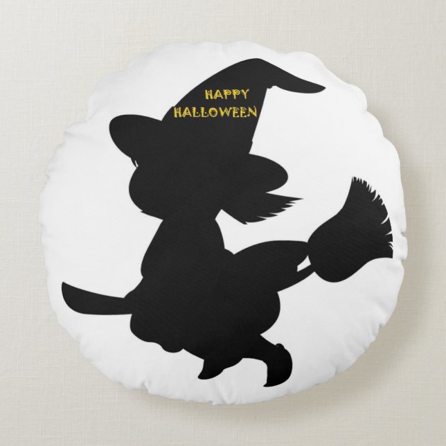 "HAPPY HALLOWEEN" LITTLE WITCH ROUND PILLOW (Front)