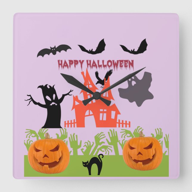 Happy Halloween Menancing Tree Bark, Bats Square Wall Clock (Front)