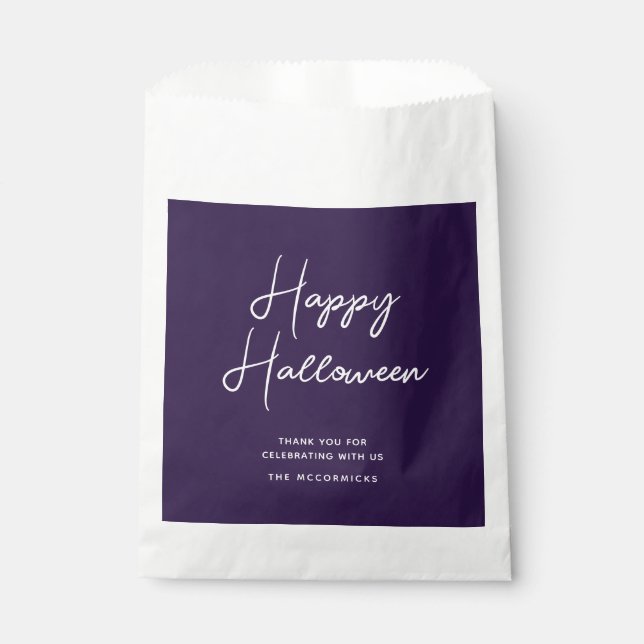 Happy Halloween Modern Purple Script Name Candy Favour Bag (Front)