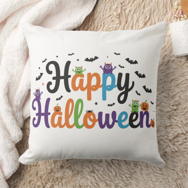 Happy Halloween Monsters Throw Pillow (Blanket)