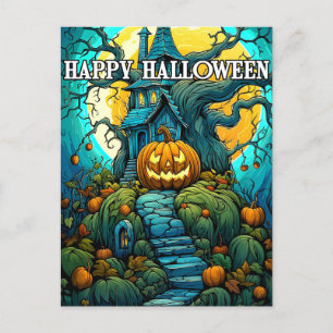 Happy Halloween Moon-lit Haunted House Postcard