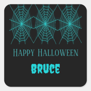 Happy Halloween neon blue spiderweb black Square Sticker