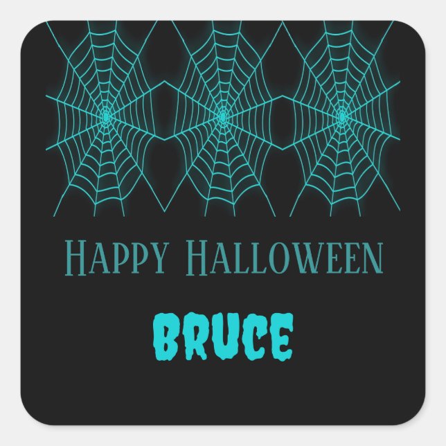 Happy Halloween neon blue spiderweb black Square Sticker (Front)
