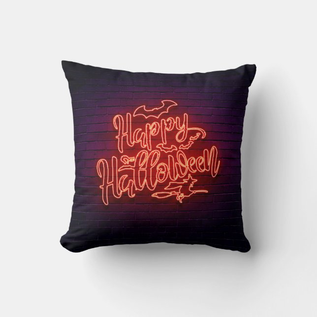 Happy Halloween Neon Look Witch Bat Brick Party Throw Pillow (Front)