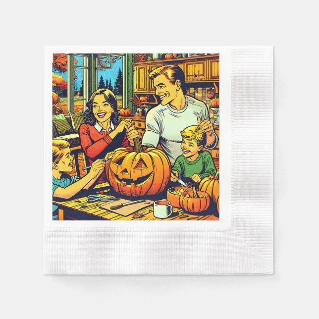 Happy Halloween Nostalgic Family Carving Pumpkins Napkin (Front)