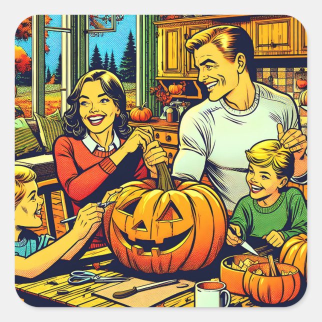 Happy Halloween Nostalgic Family Carving Pumpkins Square Sticker (Front)